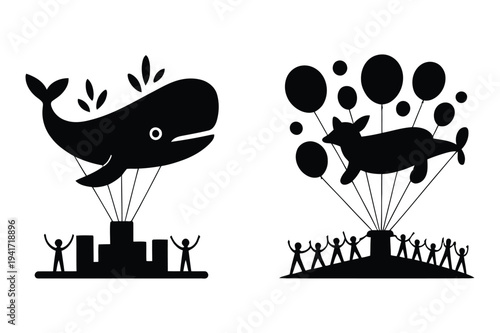 Whale and fox floating with balloons over city and people, surreal