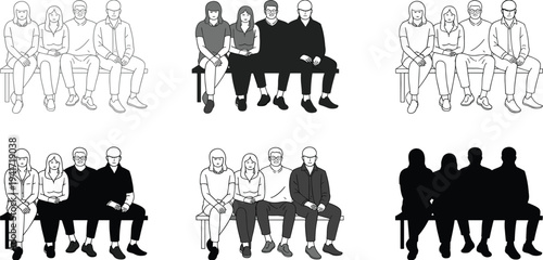 Line art and silhouette illustrations of people sitting on a bench group