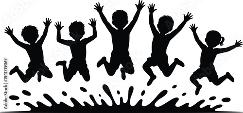 Happy kids jumping silhouettes over water splash, playful children activity, summer fun childhood joy illustration isolated on white background