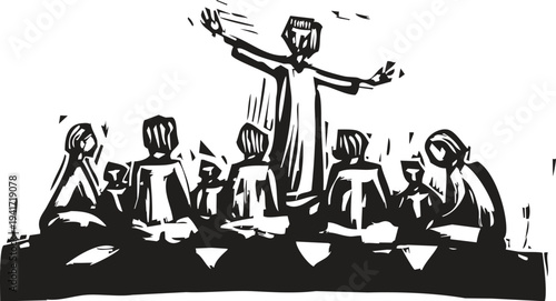 Woodcut style image of a prophet or teacher speaking to a group of people