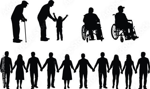 Silhouettes of elderly people, children, and a group holding hands adult