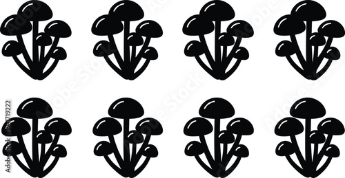 Mushroom cluster silhouettes pattern set, edible fungi icon collection with forest mushrooms simple black vector illustration isolated design for food nature