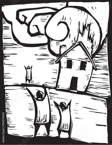 Woodcut image of people showing emotion when their house burns down.