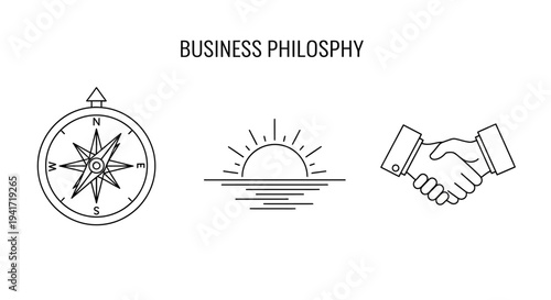 Business Philosophy Concept with Compass Sunrise and Handshake Icons.
