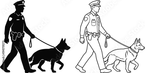 Police officer with K9 dog icon set law enforcement patrol canine unit silhouettes isolated on white background