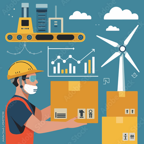 A worker in a hard hat handles boxes in an industrial setting with a wind turbine nearby