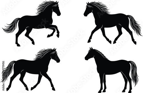 Running horse silhouette set with galloping stallion wild mustang equine motion animal icons vintage black shapes isolated