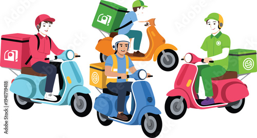 Delivery riders on scooters carrying packages through urban streets in a vibrant vector illustration