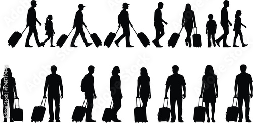 Silhouettes of people of various ages with rolling luggage on a white background Keywords: travel, silhouette, people, luggage