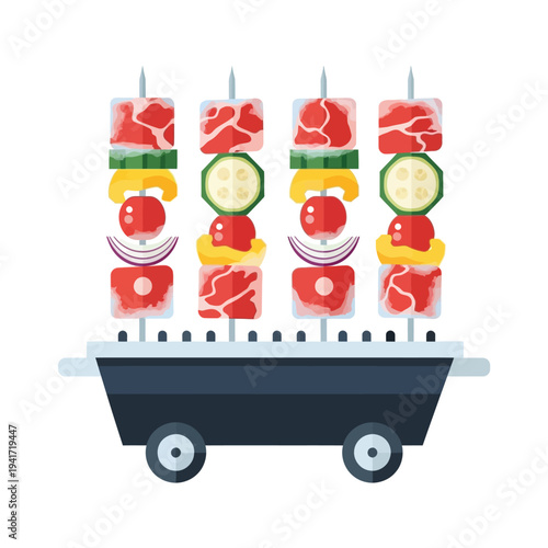 Four skewers of raw meat and vegetables arranged on a grill with wheels, ready for cooking.