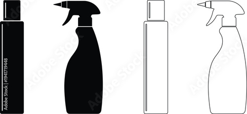 Spray bottle and cosmetic container icons set cleaning sprayer and plastic bottle packaging silhouette and outline vector illustration
