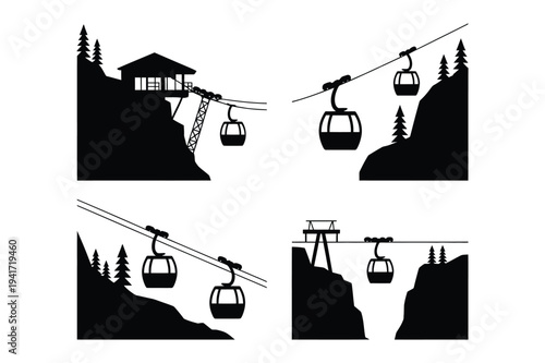 Cable car gondolas moving between mountains and pine trees, vector