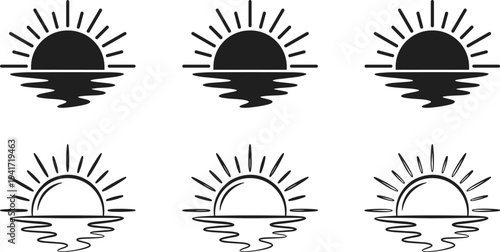 Sunset over water icons set, sun reflection on sea horizon minimal silhouette and outline vector illustration for nature landscape symbol