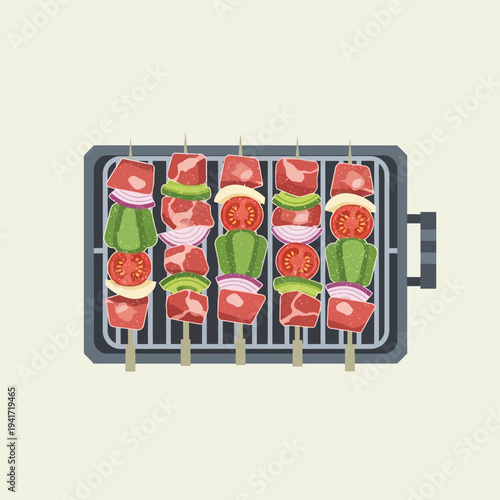 Five skewers of meat and vegetables grilling on a barbecue grill, top-down view.
