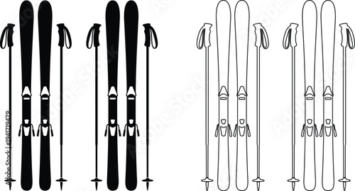Ski equipment set with skis and poles winter sport gear silhouette and outline vector illustration collection