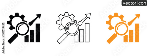 Vector icon set showing magnifying glass analyzing growth chart with gear