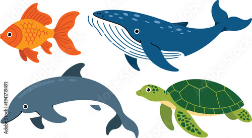 Flat vector illustration of marine life featuring fish, whale, dolphin, and turtle in a minimalist style