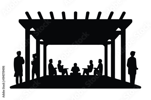 People gathered under pergola for discussion or meeting, silhouette