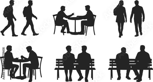Silhouettes of people walking sitting and standing in various poses vector illustration