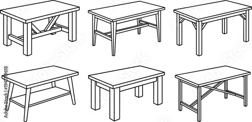 Wooden table furniture collection, various carpentry table designs with different leg structures minimal outline vector illustration set for interior woodworking