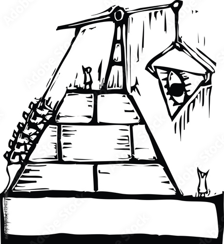 Woodcut style image of people constructing a pyramid with the eye of providence.