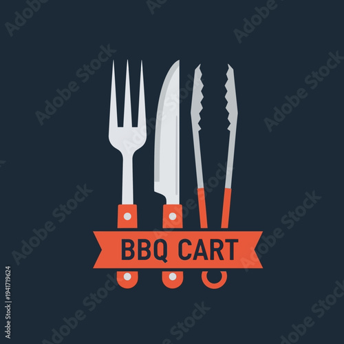 Illustration of BBQ cart utensils including a fork, knife, and tongs, with the text "BBQ CART" on a banner.