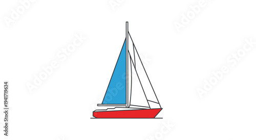 Sailboat graphic illustration with red hull and blue sail on a white backdrop