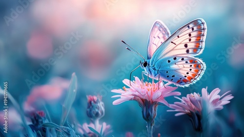 Wallpaper Mural A vibrant butterfly perched on a pink flower in a lush, colorful garden with a soft, blurred background. Torontodigital.ca