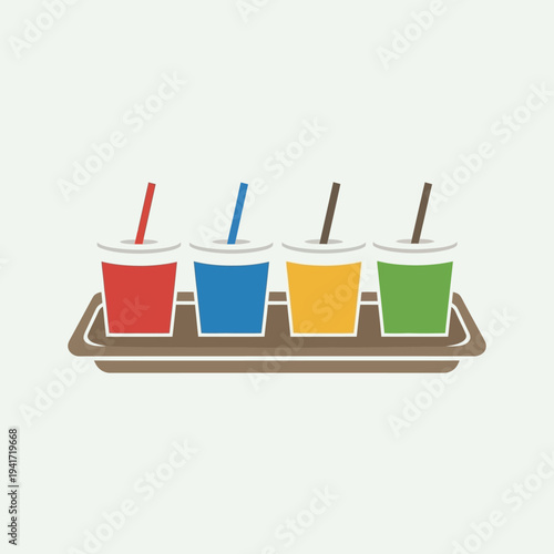 Four colorful drinks in cups with straws on a tray, representing a variety of beverage choices.