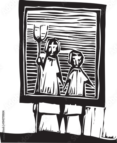 Woodcut style image of a farmer and daughter in a frame like american gothic