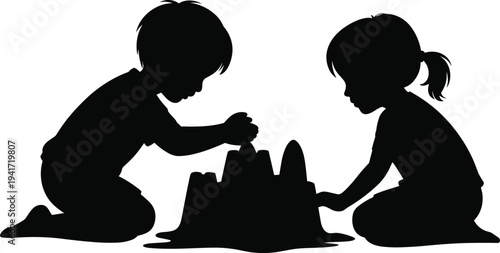 kids playing with sandcastle silhouette, children building sand castle on beach, childhood summer activity illustration isolated on white background