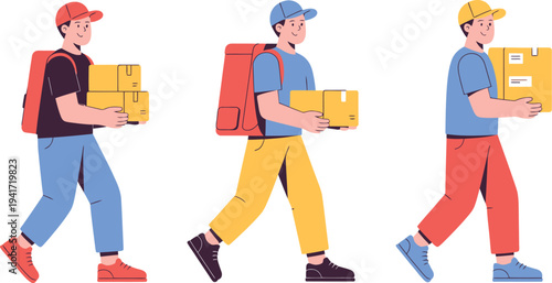 Delivery personnel carrying packages in a minimalist illustration with a simple white background and a dynamic walking pose