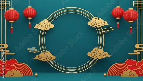 Festive red lanterns and golden decorative elements on teal background