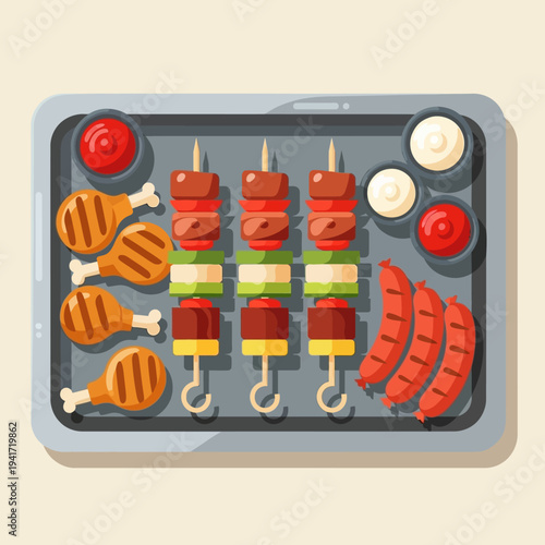 A top-down view of a metal tray filled with grilled chicken legs, sausages, and kebabs, accompanied by dipping sauces.