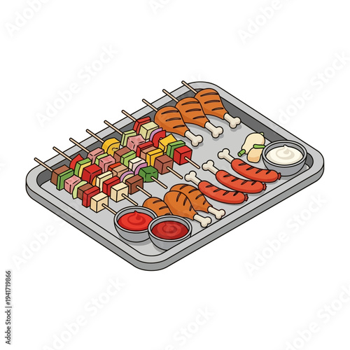A metal tray filled with various grilled meats, sausages, chicken legs, and vegetable skewers, served with dipping sauces and a small side of what appears to be garlic butter.