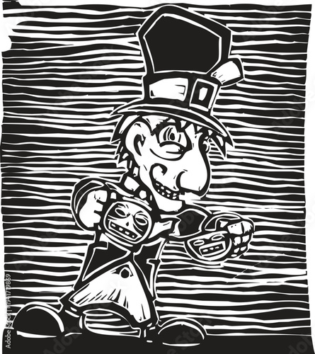 Woodcut style image of the mad hater at a tea party