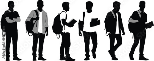 Silhouettes of young men and women with backpacks and books on white background Keywords: student, silhouette, people, young