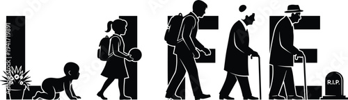 Life stages from birth to death represented by silhouettes and text Keywords: life, stages, birth, baby, crawling, child, girl