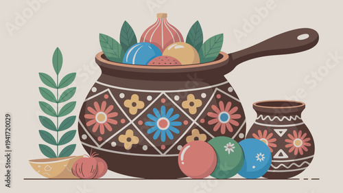 A colorful illustration of a traditional clay pot filled with vibrant fruits and decorative elements on a beige background