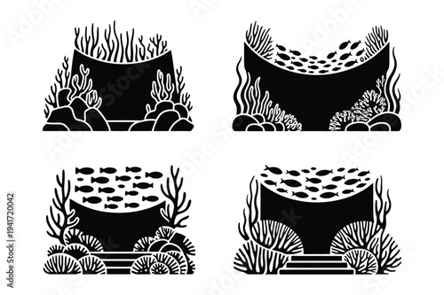 Underwater coral reef scene with fish silhouette vector