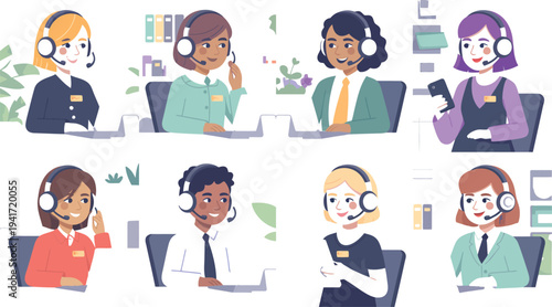 Diverse customer service team illustration showcasing various professionals wearing headsets while working on computers in a modern office environment from a top-down viewpoint