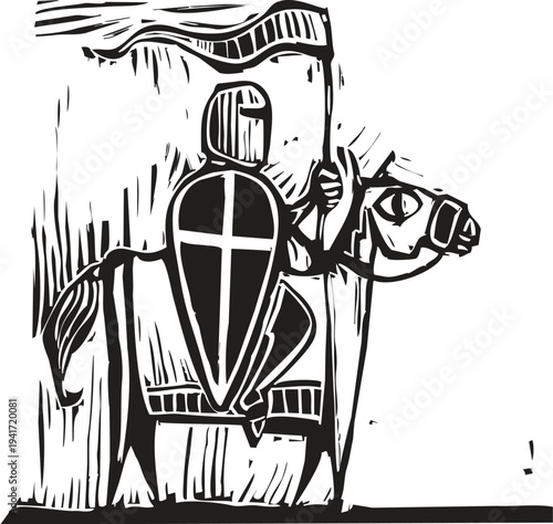 Woodcut style image of a knight on horseback
