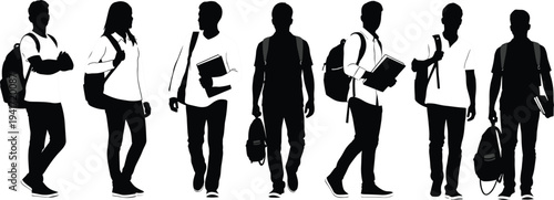 Silhouettes of young men and women with backpacks and books on white background Keywords: student, silhouette, people, young