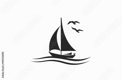 Sailboat silhouette on ocean waves with birds against a white background