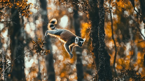 Wallpaper Mural A leaping lemur in a forest with autumn foliage. Torontodigital.ca