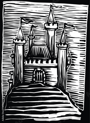 Woodcut style fairy-tale castle on a mountain