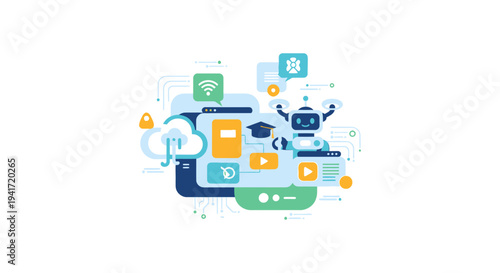 AI E-Learning Platform Concept: Robot, Graduation Cap, Cloud Computing, and Digital Interface illustrating Modern EdTech and Smart Education Technology.