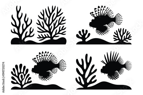 Lionfish and coral silhouette vector illustration