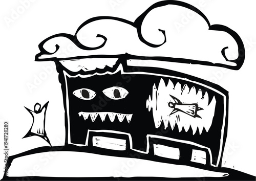 Woodcut style image of a monster with a man in his belly why another man runs away