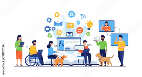 Diverse Team Collaboration and Digital Accessibility Illustration. Inclusive learning and workplace environment featuring people with disabilities and assistive technology.